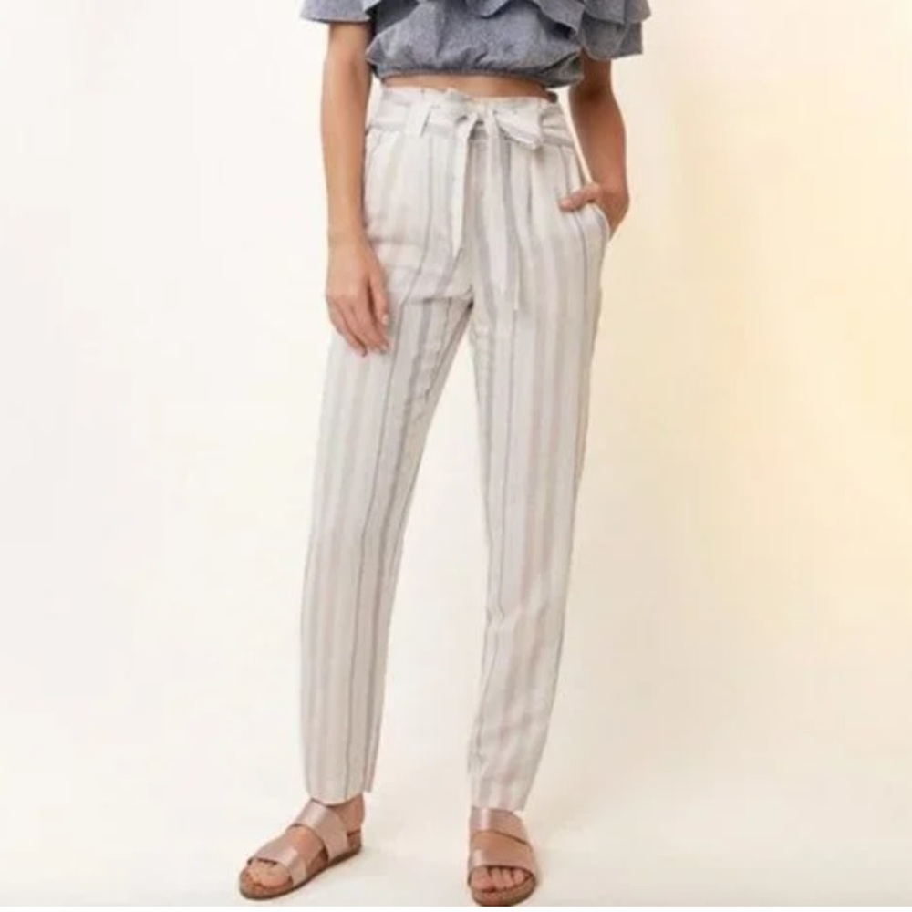 Express Linen Cotton Striped Pants Cropped Belt Tie 6 High Waist Vacation Resort